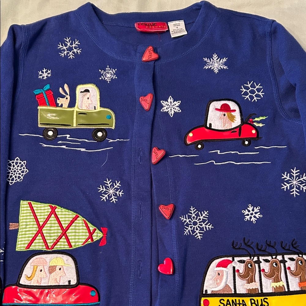 Festive Blue Cardigan with Heart Buttons